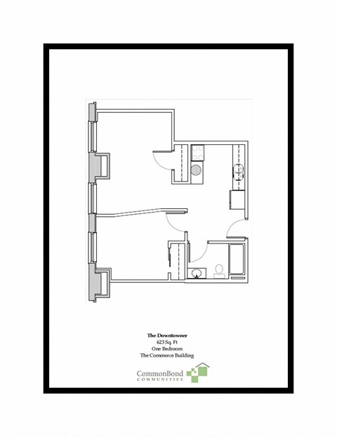 Floor plan for 1 bed, 1 bath, 623 sqft